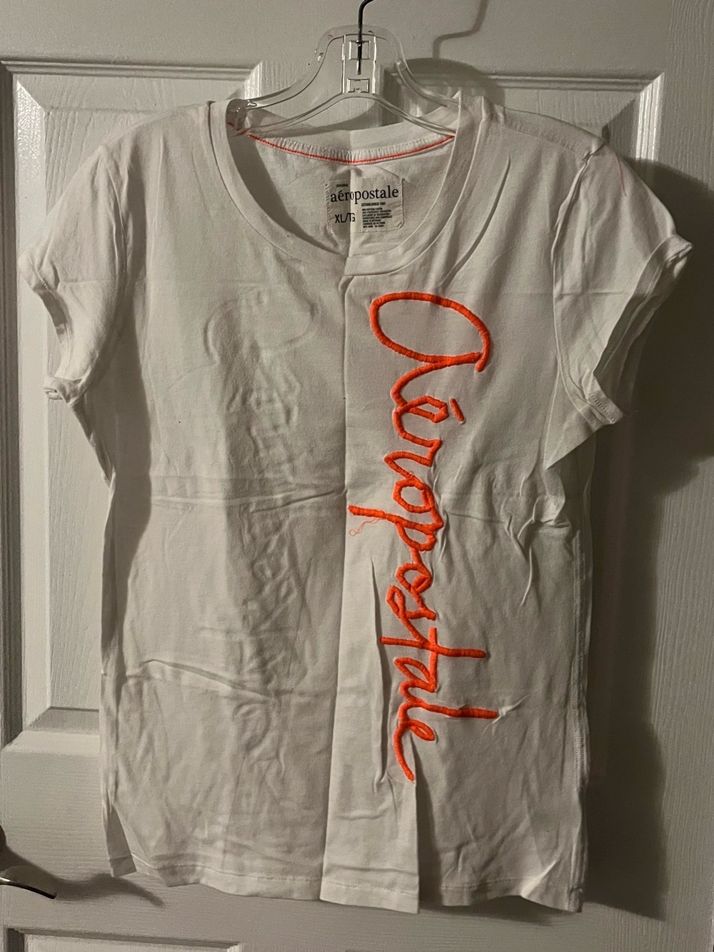 Vintage Aeropostale White Short-Sleeve Tee with Bright Orange Script